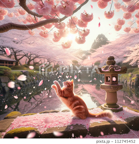 舞い散る桜と遊ぶ猫 112745452