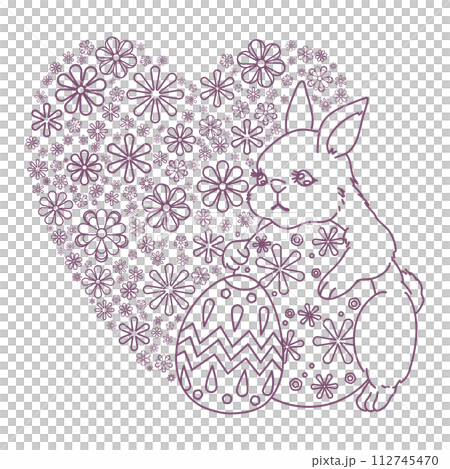 Line drawing illustration of a cute rabbit holding an Easter egg and a heart-shaped flower pattern background Line drawing illustration of a cute rabbit holding an Easter egg and a heart-shaped flower pattern background 112745470