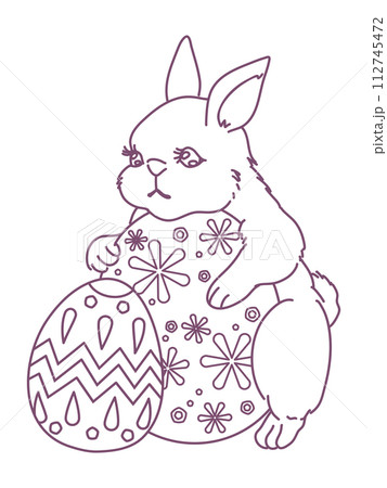 イースターエッグを抱えるかわいいウサギの線画イラスト イースターエッグを抱えるかわいいウサギの線画イラスト 112745472