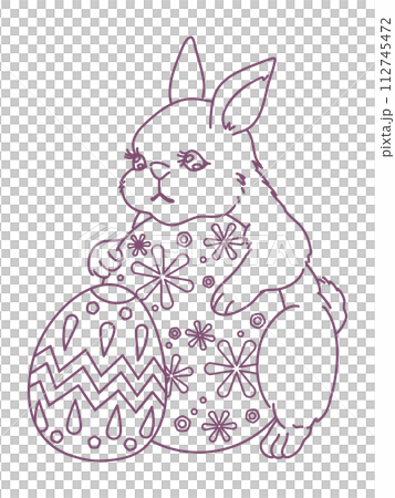 イースターエッグを抱えるかわいいウサギの線画イラスト イースターエッグを抱えるかわいいウサギの線画イラスト 112745472
