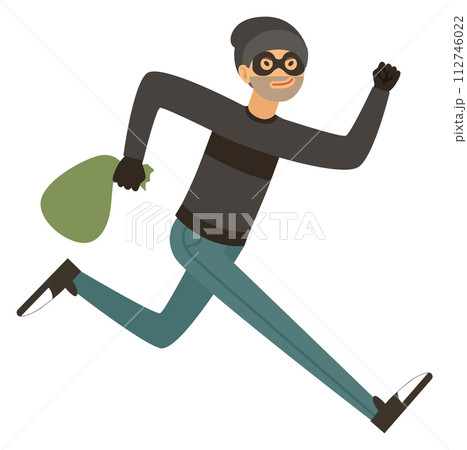 Thief running with money. Stealing or robbery criminal mascot 112746022