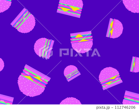 Seamless pattern with burgers in pixel art style. Pixel cheeseburgers and hamburgers with two cutlets and cheese. 8-bit fast food in retro style from the 80s and 90s. Vector illustration 112746206