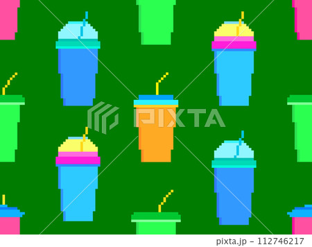 Seamless pattern with plastic or paper cups with straws in pixel art style. Pixel paper glasses for carbonated drinks. 8-bit smoothie glass with straw in retro video game style. Vector illustration Seamless pattern with plastic or paper cups with straws in pixel art style. Pixel paper glasses for carbonated drinks. 8-bit smoothie glass with straw in retro video game style. Vector illustration 112746217