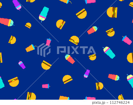 Seamless pattern with pixel hamburgers and soda. Paper cups with carbonated drinks. Cheeseburgers, hamburgers and carbonated soft drinks in pixel art style. Plastic and paper cup. Vector illustration Seamless pattern with pixel hamburgers and soda. Paper cups with carbonated drinks. Cheeseburgers, hamburgers and carbonated soft drinks in pixel art style. Plastic and paper cup. Vector illustration 112746224