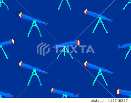 Pixel telescope seamless pattern. Telescope on a tripod in pixel art style. 8-bit astronomical telescope for observing outer space. Design for print wallpaper, banner and poster. Vector illustration 112746237
