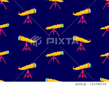 Pixel telescope seamless pattern. Telescope on a tripod in pixel art style. 8-bit astronomical telescope for observing outer space. Design for print wallpaper, banner and poster. Vector illustration 112746238