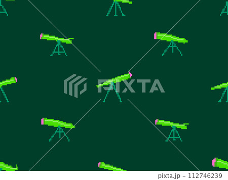Pixel telescope seamless pattern. Telescope on a tripod in pixel art style. 8-bit astronomical telescope for observing outer space. Design for print wallpaper, banner and poster. Vector illustration Pixel telescope seamless pattern. Telescope on a tripod in pixel art style. 8-bit astronomical telescope for observing outer space. Design for print wallpaper, banner and poster. Vector illustration 112746239