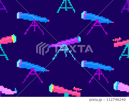 Pixel telescope seamless pattern. Telescope on a tripod in pixel art style. 8-bit astronomical telescope for observing outer space. Design for print wallpaper, banner and poster. Vector illustration Pixel telescope seamless pattern. Telescope on a tripod in pixel art style. 8-bit astronomical telescope for observing outer space. Design for print wallpaper, banner and poster. Vector illustration 112746240