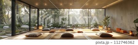 AI-generated content. Peaceful yoga studio with natural wood floors and calming colors3D render 112746362