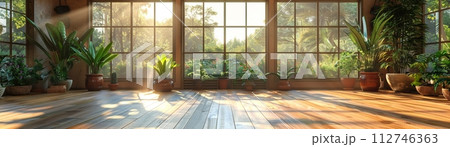 AI-generated content. Peaceful yoga studio with natural wood floors and calming colors3D render 112746363