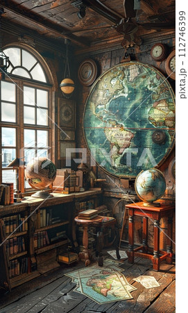AI-generated content. Old-world map room with globes and antique navigation tools3D render AI-generated content. Old-world map room with globes and antique navigation tools3D render 112746399