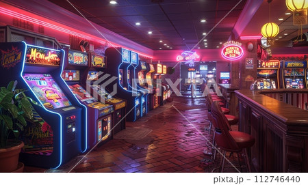 AI-generated content. Neon-lit arcade with classic games and a snack bar3D render AI-generated content. Neon-lit arcade with classic games and a snack bar3D render 112746440