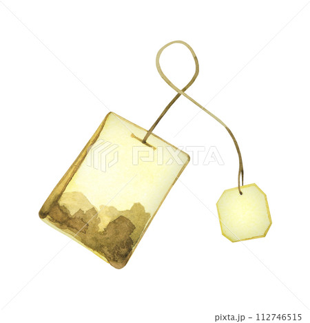 Watercolor illustration. Tea bag with tea leaves and label hand-drawn in watercolor on a white background. Suitable for printing on fabric and paper for design, creativity and scrapbooking. Watercolor illustration. Tea bag with tea leaves and label hand-drawn in watercolor on a white background. Suitable for printing on fabric and paper for design, creativity and scrapbooking. 112746515