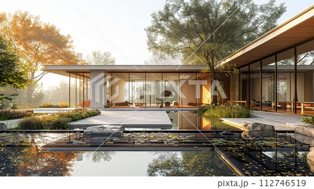 AI-generated content. Modern monastery with minimalist design and peaceful courtyards3D render 112746519