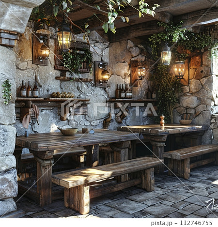 AI-generated content. Medieval themed tavern with stone walls and heavy wooden tables3D render 112746755