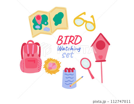 Flat design set of bird watching with bag loop and map 112747011