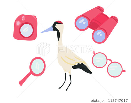 Bird watching set flat design with camera and crane Bird watching set flat design with camera and crane 112747017