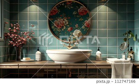 AI-generated content. Elegant powder room with floral wallpaper and antique mirror3D render 112747166