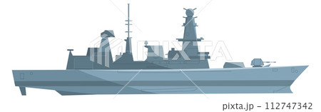 Warship side view cartoon icon. Armed boat 112747342