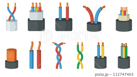 Electric wire connection icon set. Cable network element 112747403