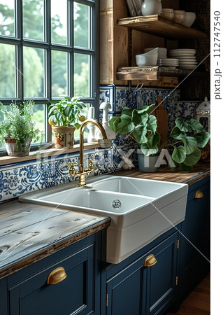 AI-generated content. Classic French country kitchen with blue and white porcelain and farmhouse sink3D render 112747540