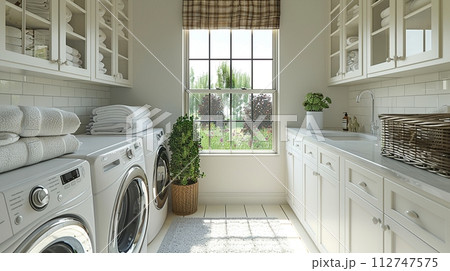 AI-generated content. Bright and functional laundry room with ample storage and folding space3D render 112747575