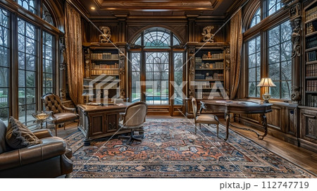 AI-generated content. Old-world study with rich wood paneling and a hidden bookcase door 112747719