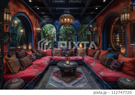 AI-generated content. Moroccan-style lounge with rich colors lanterns AI-generated content. Moroccan-style lounge with rich colors lanterns 112747720