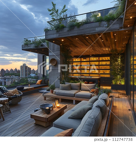 AI-generated content. Contemporary rooftop terrace with comfortable lounging areas and city views 112747738