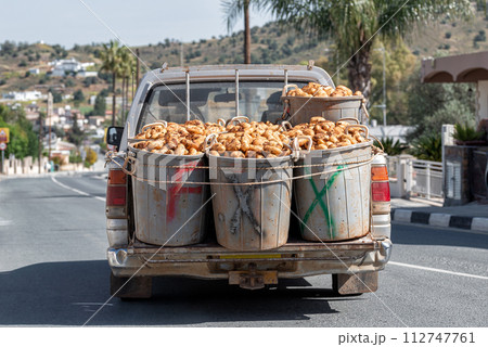 Farmers car carries on the trunk buckets of world's famous Cyprus potatoes Farmers car carries on the trunk buckets of world's famous Cyprus potatoes 112747761