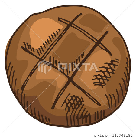 Round bread loaf drawing. Rye bun sketch Round bread loaf drawing. Rye bun sketch 112748180