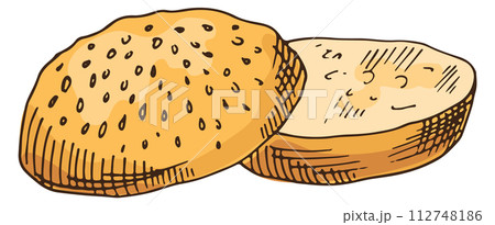 Burger bun sketch. Hand drawn wheat bread Burger bun sketch. Hand drawn wheat bread 112748186