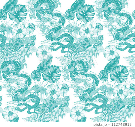 Seamless pattern of asian dragon and flowers. Vector illustration. Suitable for fabric, mural, wrapping paper and the like 112748915