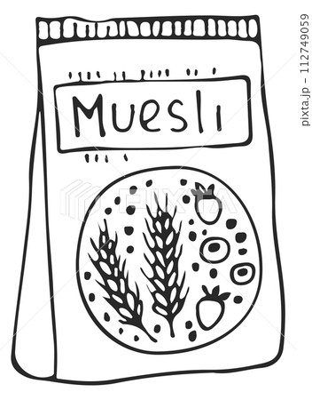 Muesli paper bag doodle. Healthy breakfast sketch 112749059