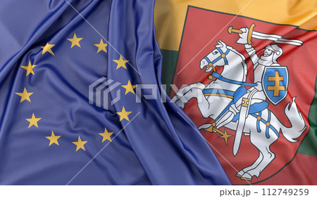 Ruffled Flags of European Union and Lithuania (with coat of arms). 3D Rendering 112749259