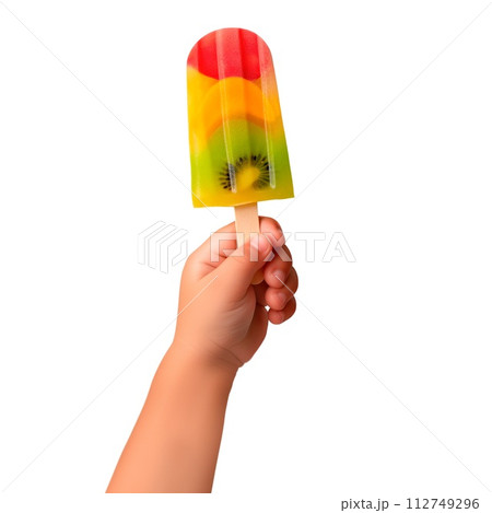 AI-generated content. Ice cream in a child's hand, isolated on a white or transparent background. Close-up, multifruit ice cream on a wooden stick, side view. Graphic element, sweets for children. AI-generated content. Ice cream in a child's hand, isolated on a white or transparent background. Close-up, multifruit ice cream on a wooden stick, side view. Graphic element, sweets for children. 112749296