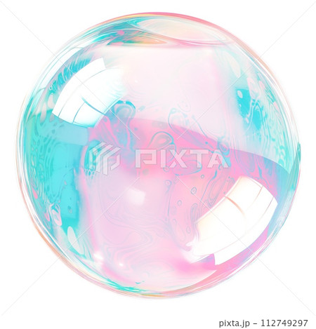 AI-generated content. Soap bubble isolated on a transparent background close-up. Flying soap bubble in PNG format. Colorful transparent soap bubble, graphic design element 112749297