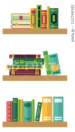 Bookshelves with book stacks. Library or bookstore color icon Bookshelves with book stacks. Library or bookstore color icon 112749382