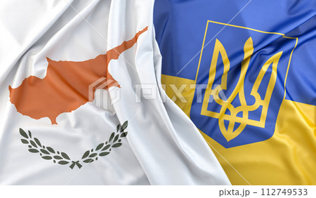 Ruffled Flags of Cyprus and Ukraine (with coat of arms). 3D Rendering Ruffled Flags of Cyprus and Ukraine (with coat of arms). 3D Rendering 112749533