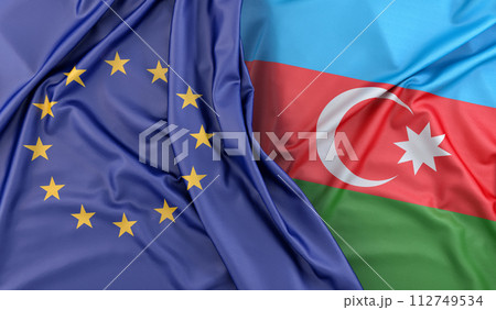 Ruffled Flags of European Union and Azerbaijan. 3D Rendering 112749534