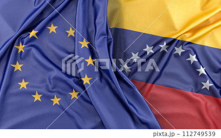 Ruffled Flags of European Union and Venezuela. 3D Rendering Ruffled Flags of European Union and Venezuela. 3D Rendering 112749539