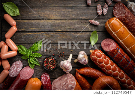Set of different types of sausages 112749547