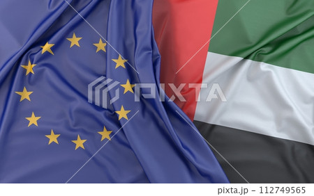 Ruffled Flags of European Union and United Arab Emirates. 3D Rendering 112749565