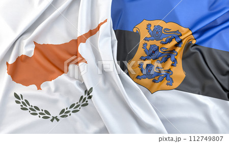 Ruffled Flags of Cyprus and Estonia (with coat of arms). 3D Rendering Ruffled Flags of Cyprus and Estonia (with coat of arms). 3D Rendering 112749807