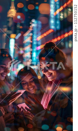 A group of young people look at a smartphone and smile against the backdrop of bright city lights, social media concept 112750152