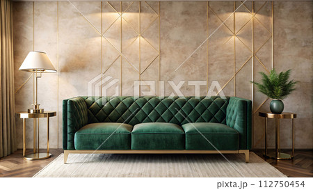 AI-generated content. Emerald green velvet sofa stands out against textured cream wall, accented by gold geometric lamp, generative ai 112750454