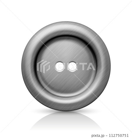 Vector 3d Realistic Textured Metal Button for Clothes Icon Closeup Isolated with Reflection. Fashion, Art, Needlework, Sewing, Scrapbooking Decor. Round Clothes Button Design Template, Front View 112750751