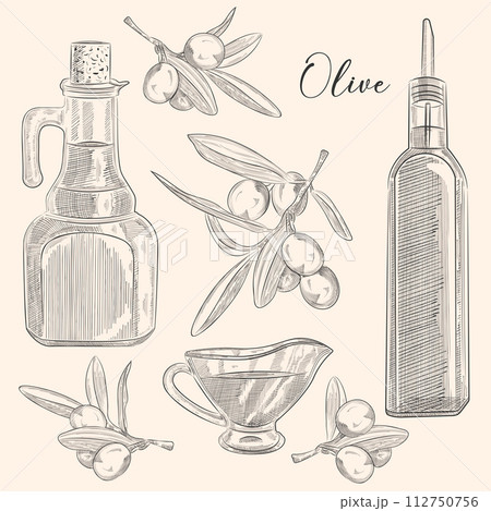 Olives fruit, branch, olive oil bottle sketches set. Hand drawn vector illustrations isolated on white background. Olives fruit, branch, olive oil bottle sketches set. Hand drawn vector illustrations isolated on white background. 112750756