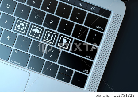 Fragile symbols on laptop keyboard. Technology concept. 3D Rendering 112751828