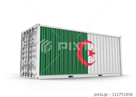 Shipping cargo container textured with Flag of Algeria. Isolated. 3D Rendering Shipping cargo container textured with Flag of Algeria. Isolated. 3D Rendering 112751856